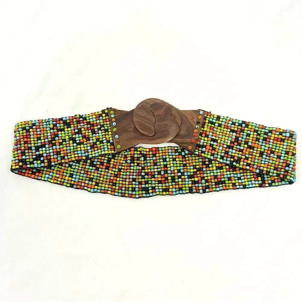 Colorful Seed Bead Wood Clasp Buckle Boho Festival Ethnic Tribal Stretch Belt